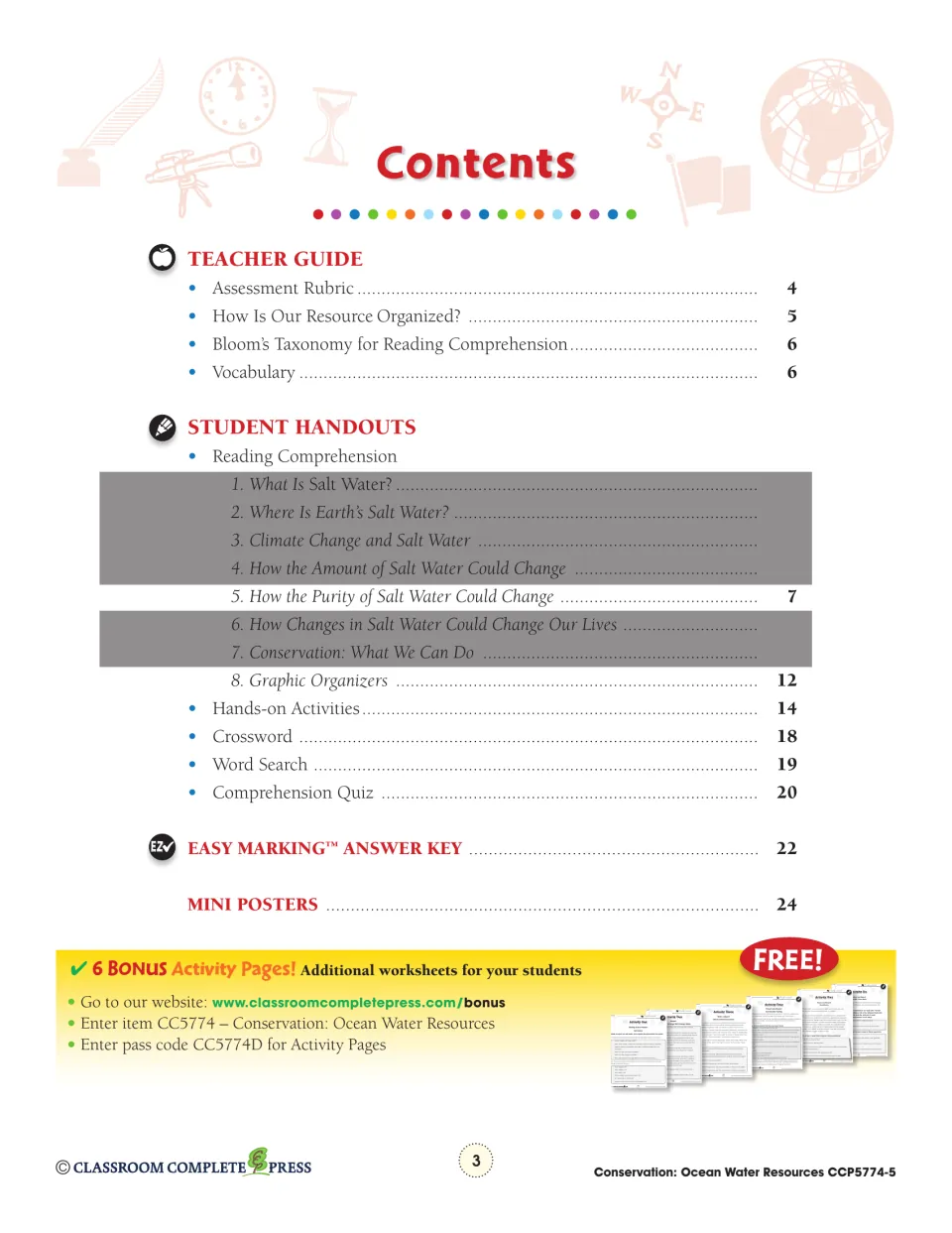 Table of contents for the full unit, with section 5, 'How the Purity of Salt Water Could Change,' on page 7
