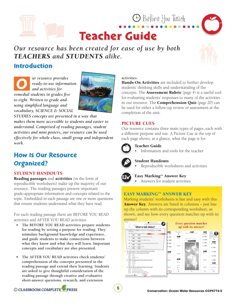 Teacher guide explaining reading passages, Before and After You Read activities, picture cues and the answer key