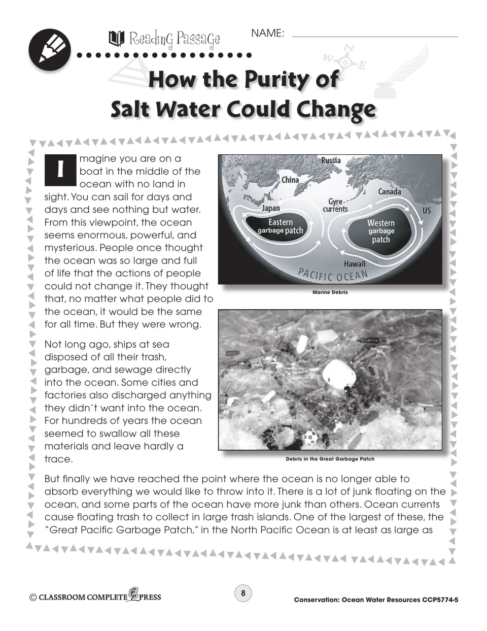 Reading passage part 1 on ocean dumping and the Great Pacific Garbage Patch, with a gyre map and debris photo