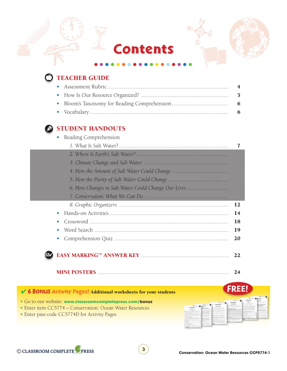 Contents for the full Ocean Water Resources unit, with section 1, What Is Salt Water?, starting on page 7