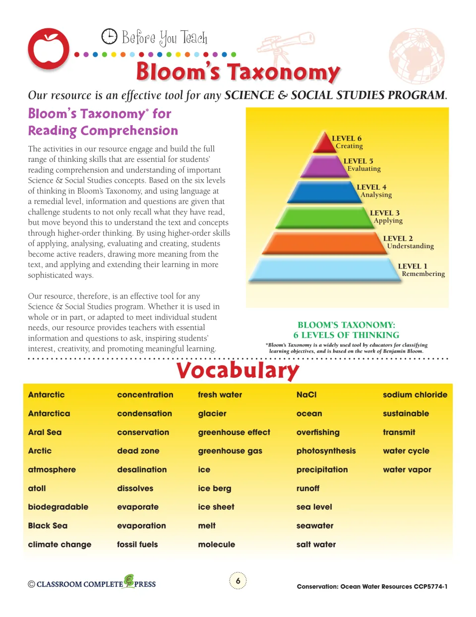 Bloom's Taxonomy six levels of thinking and a unit vocabulary list: atoll, desalination, NaCl, runoff and more