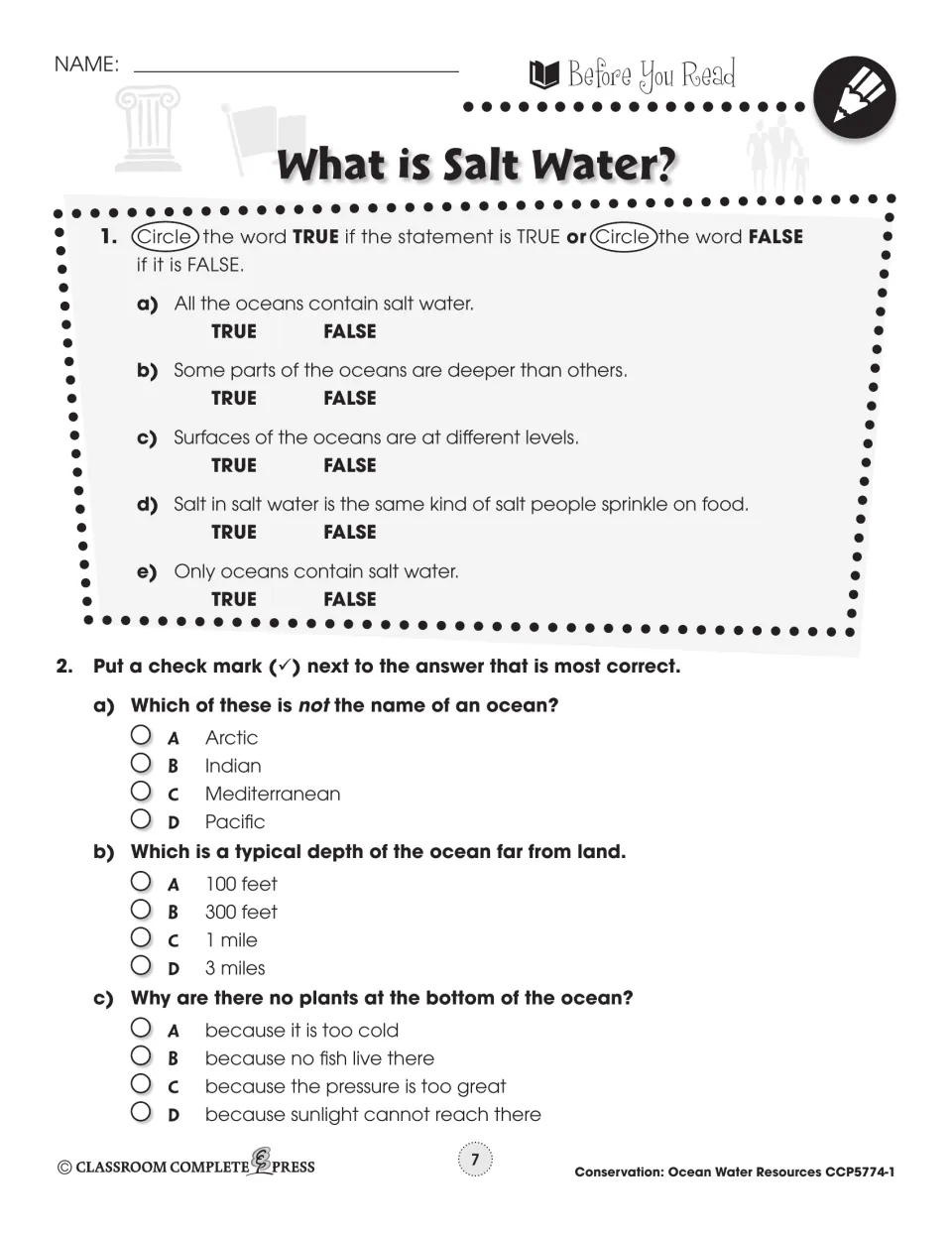 Before You Read for What Is Salt Water?: true/false on ocean facts and multiple choice on ocean names and depth