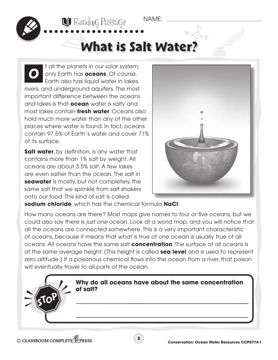 Reading passage part 1: oceans hold 97.5% of Earth's water and are about 3.5% salt, mostly sodium chloride (NaCl)
