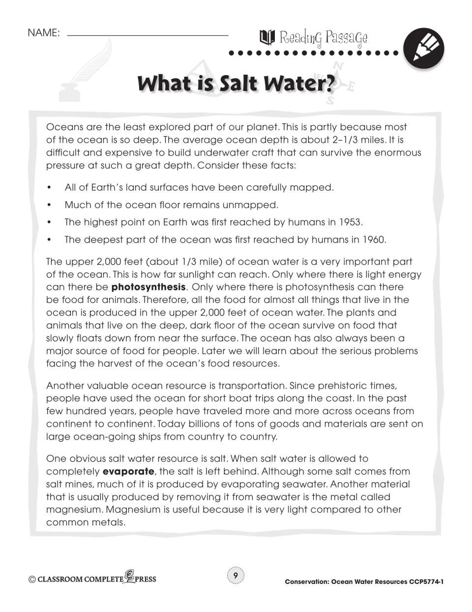 Reading passage part 2: ocean depth, photosynthesis in the upper 2,000 feet, and salt made by evaporating seawater