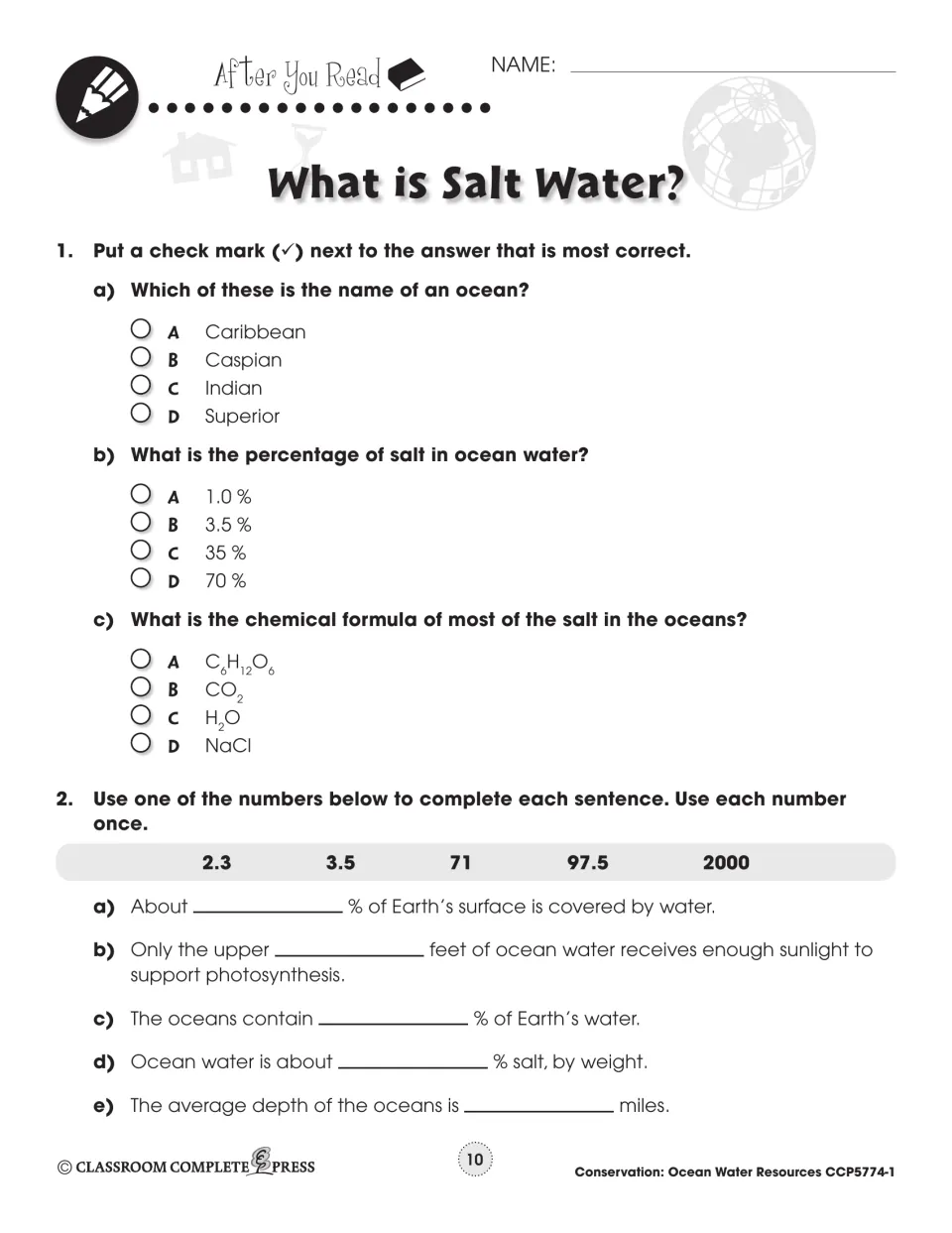 After You Read: ocean name, salt percent and salt formula questions, plus fill-ins using 2.3, 3.5, 71, 97.5, 2000