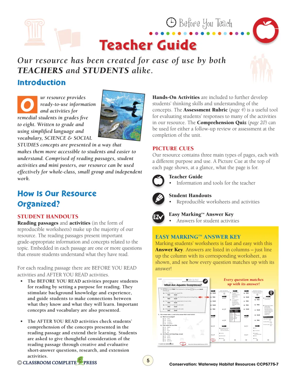 Teacher guide explains reading passages, before- and after-reading activities, assessment tools, and page cues