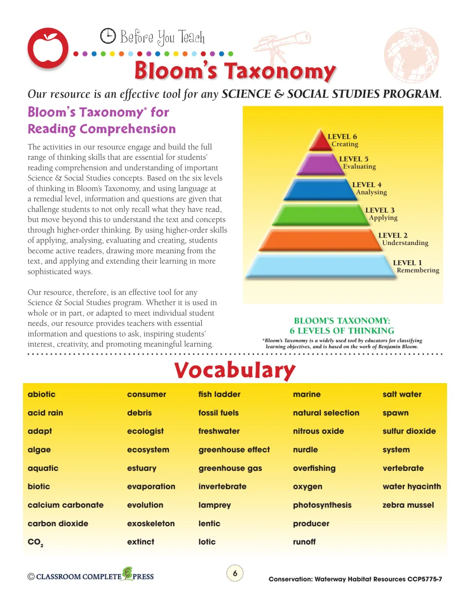 Teacher reference explains six Bloom's Taxonomy levels and lists aquatic vocabulary, including fish ladder