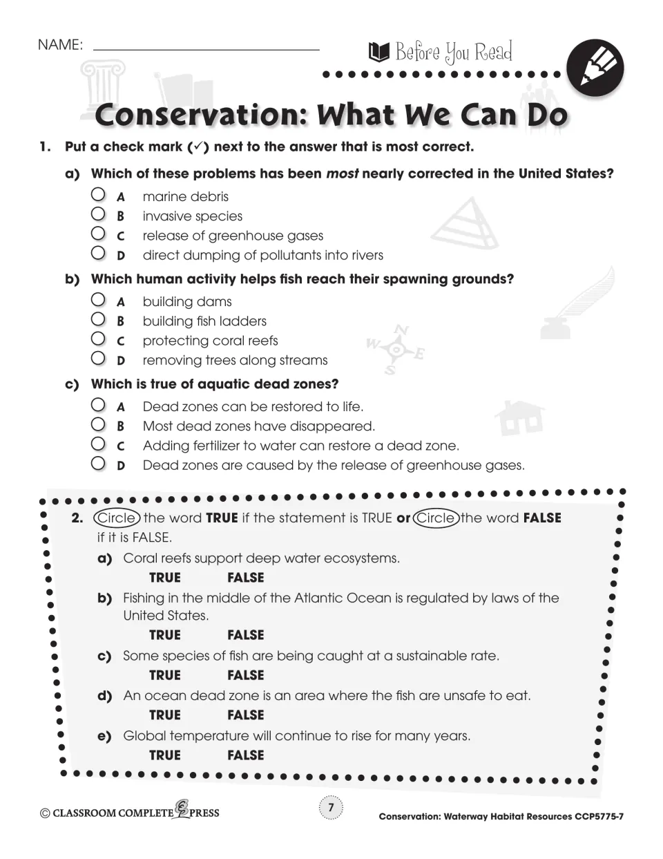 Before-reading conservation questions cover river pollution, fish ladders, dead zones, reefs, and fishing