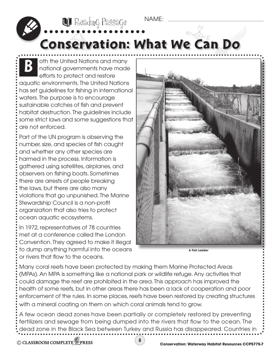 Conservation reading begins with fishing rules, ocean dumping, protected reefs, and restoring dead zones
