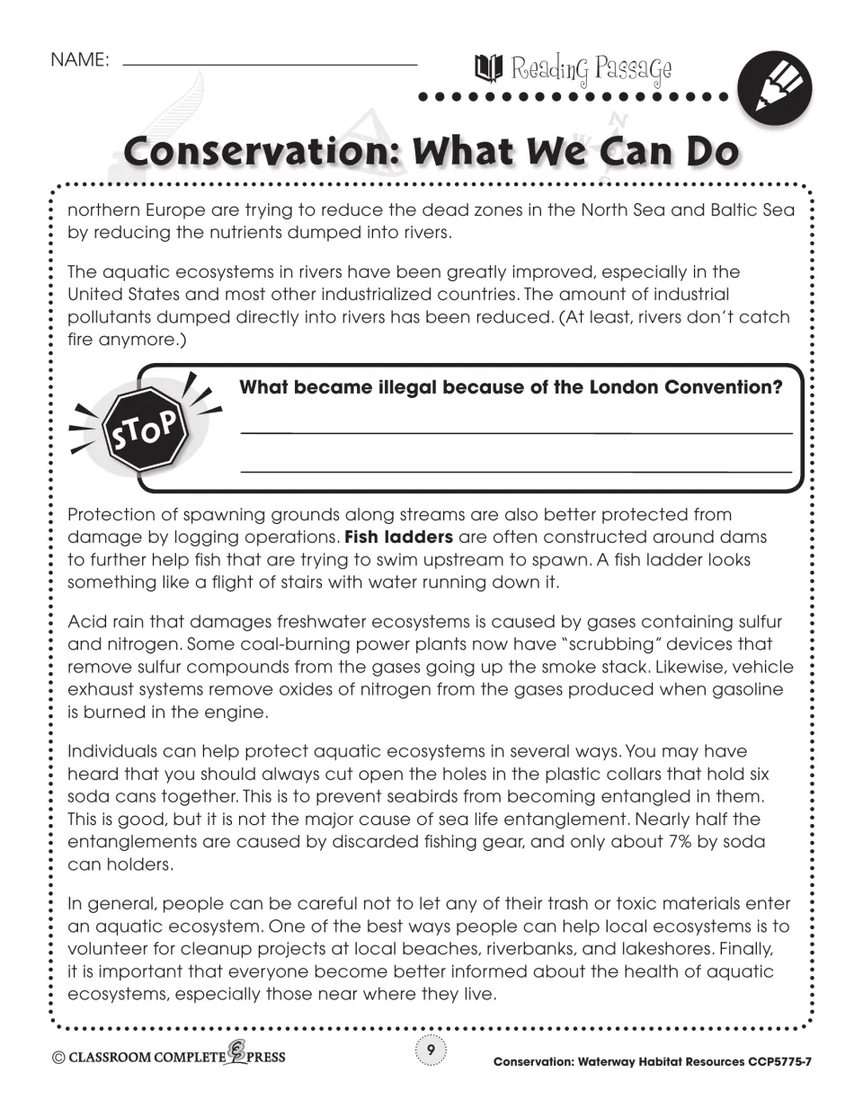 Conservation reading continues with fish ladders, acid rain controls, litter prevention, and local cleanups