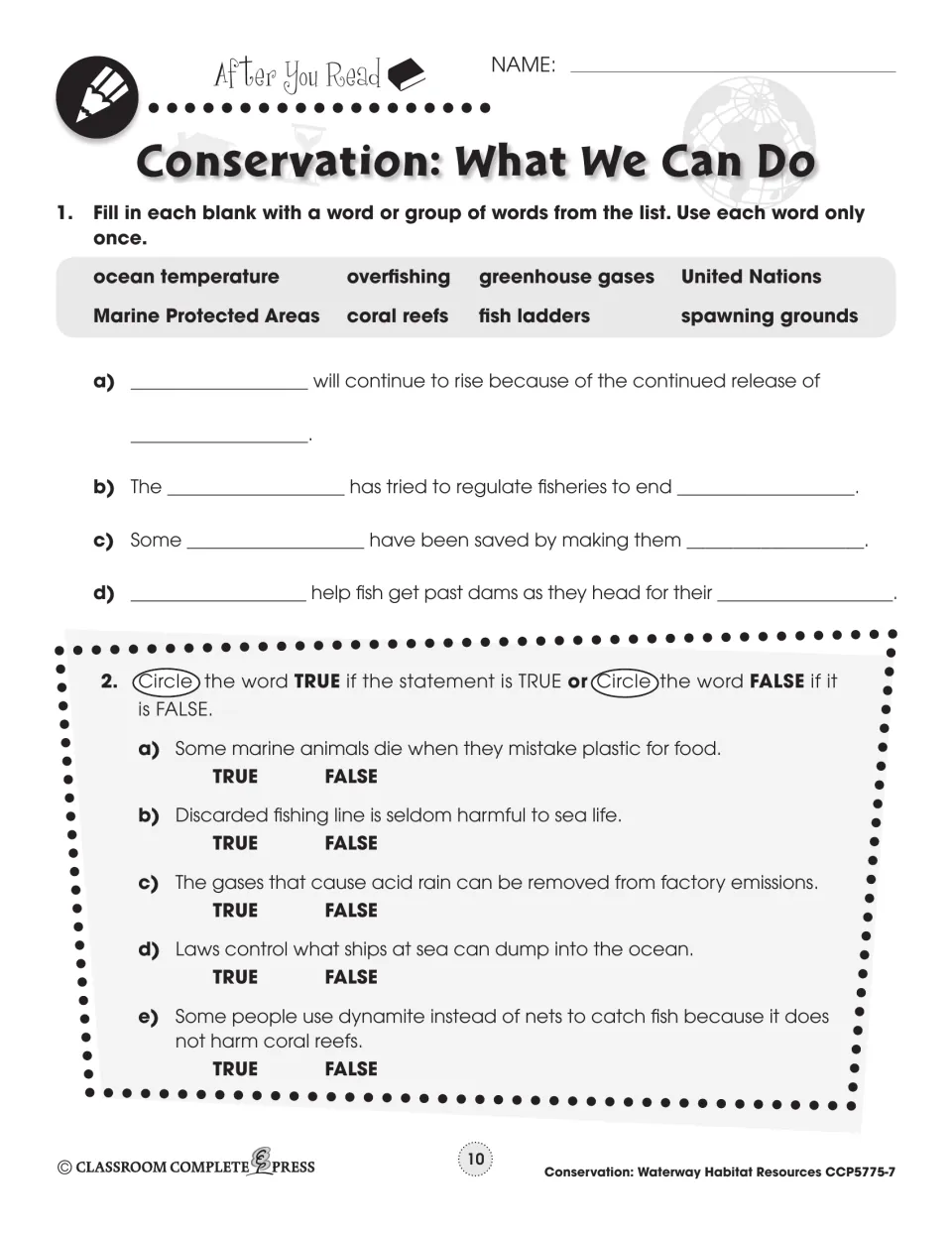 After-reading practice uses word-bank sentences and true-or-false statements about aquatic conservation