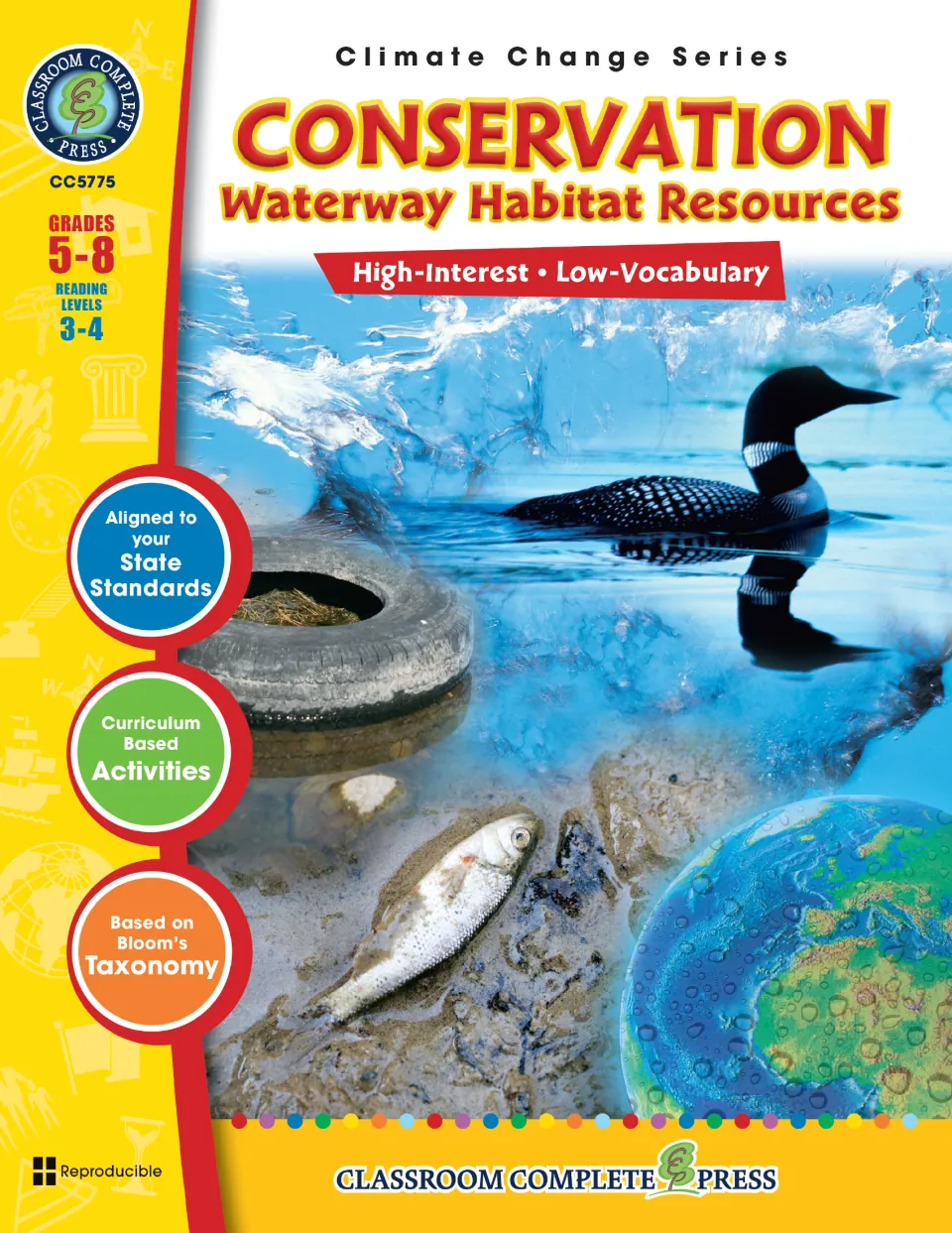 Conservation: Waterway Habitat Resources cover, Climate Change Series, showing a loon, a tire and a dead fish