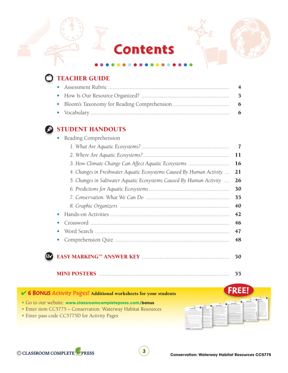 Table of contents: teacher guide, reading sections 1–8, hands-on activities, quiz, answer key and mini posters