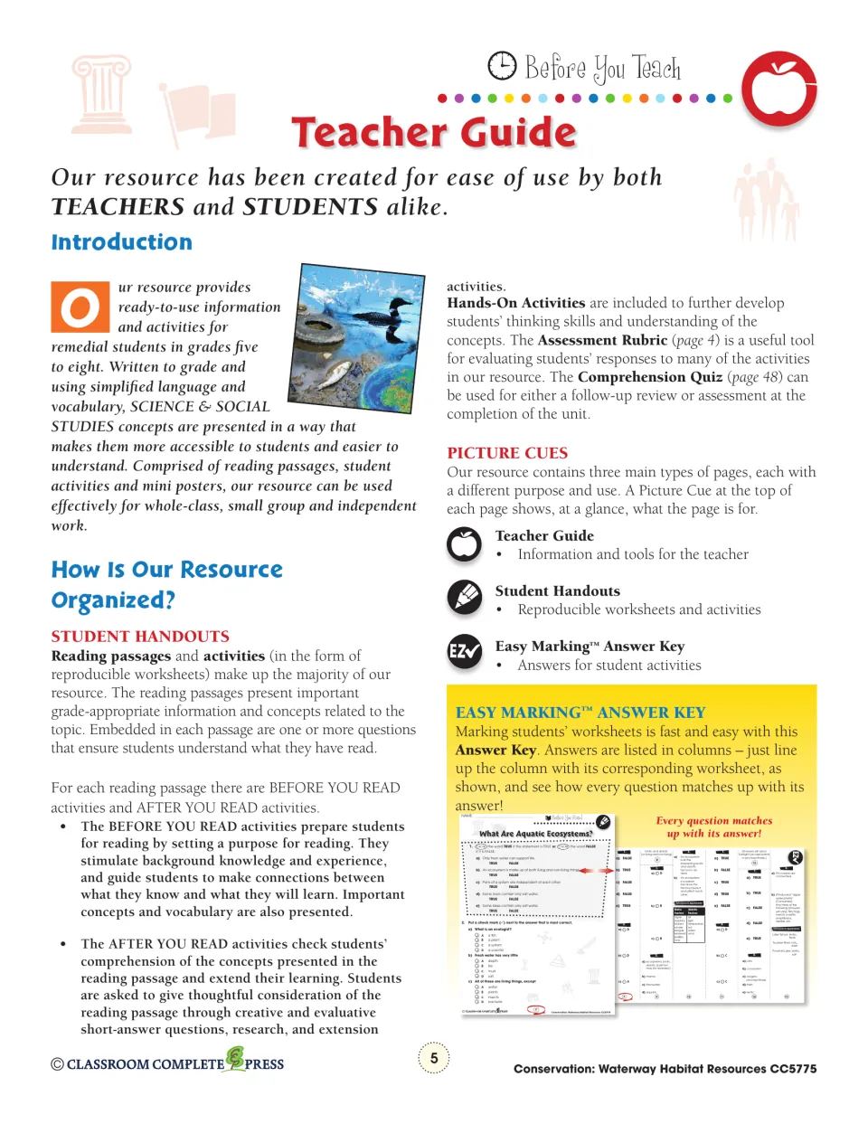 Teacher guide: how the book is organized, with reading passages, Before and After You Read pages and the answer key