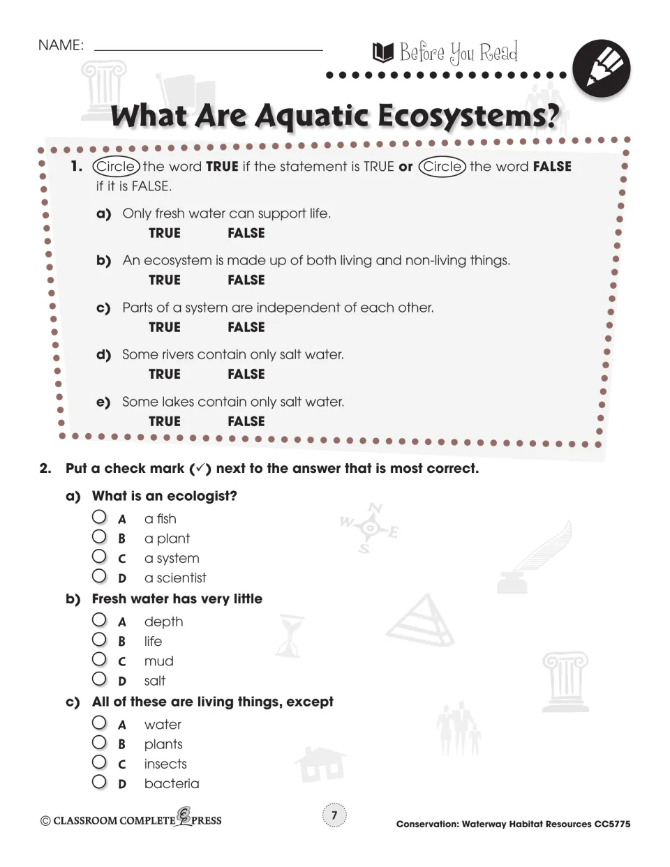 Before You Read for 'What Are Aquatic Ecosystems?': 5 true/false items and 3 multiple-choice questions