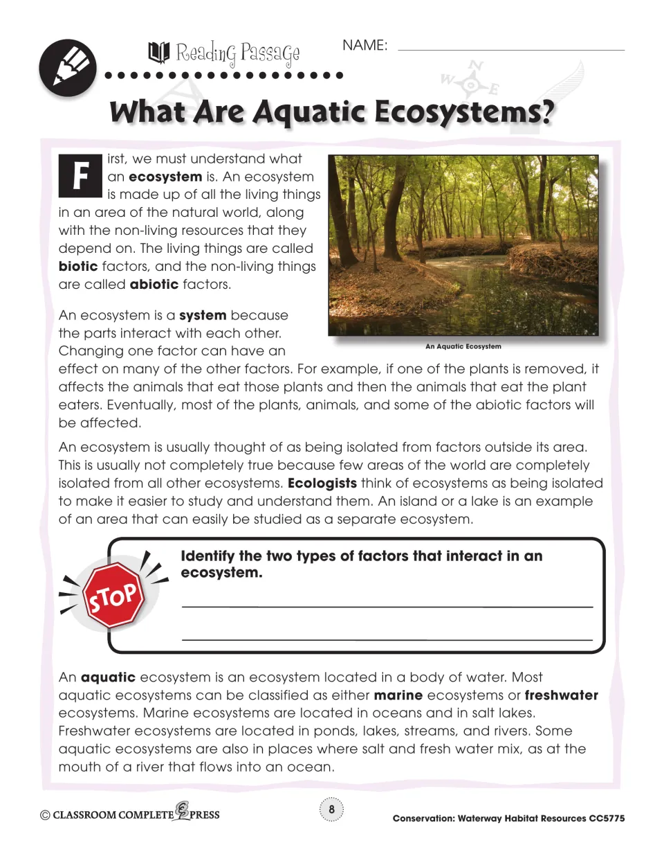 Reading passage on ecosystems, biotic and abiotic factors, and marine and freshwater types, with a STOP question