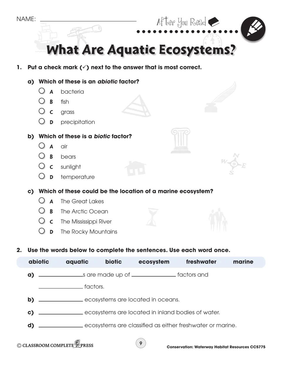 After You Read: 3 multiple-choice questions on biotic, abiotic and marine, and a 6-word fill-in-the-blank task