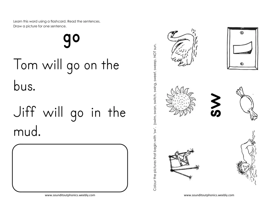 Sight word 'go': read and illustrate two sentences, then color sw pictures like swan, switch and swim but not the sun