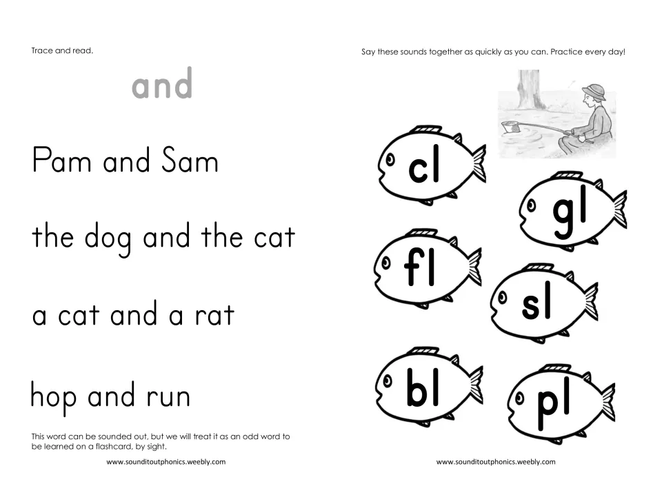 Sight word 'and' traced in phrases like Pam and Sam, plus fish labeled cl, gl, fl, sl, bl and pl to say quickly