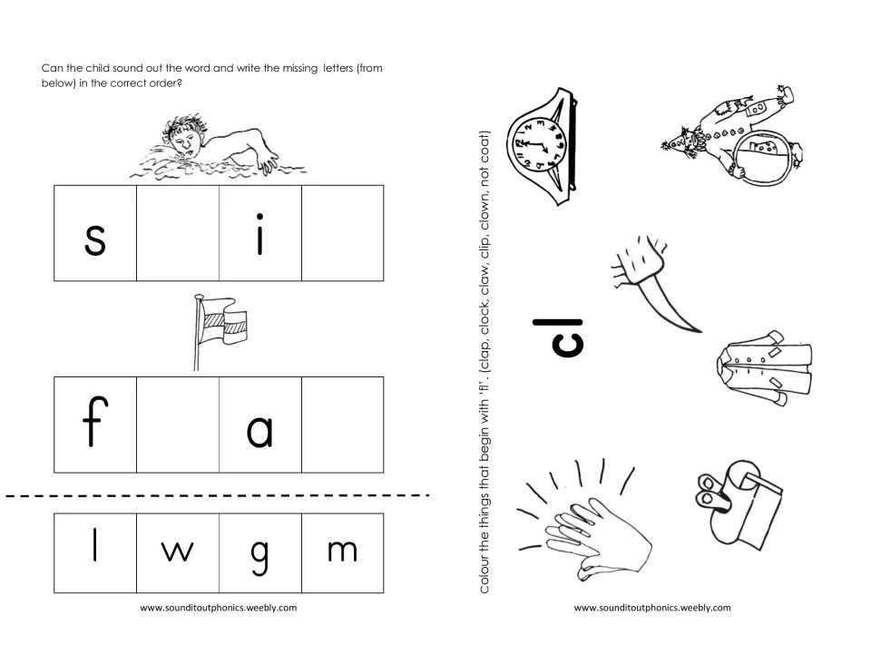 Spelling swim and flag from letters l, w, g, m, then a cl hunt: color clock, clown, claw, clap and clip but not the coat