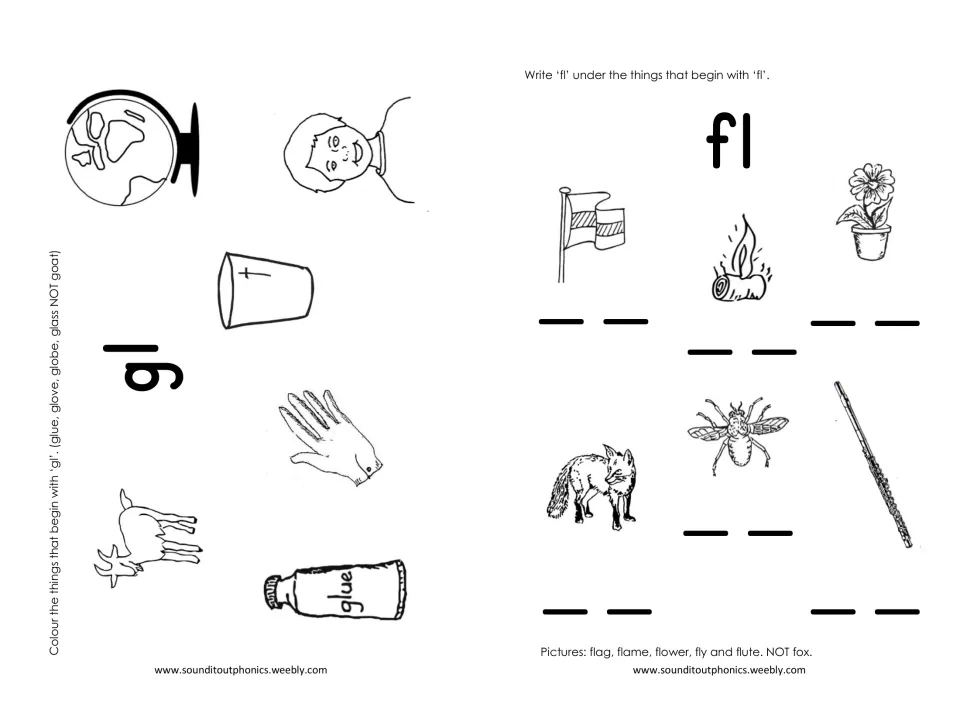 Blends gl and fl: color glue, glove, globe and glass but not goat, then write fl under flag, flame, flower, fly and flute