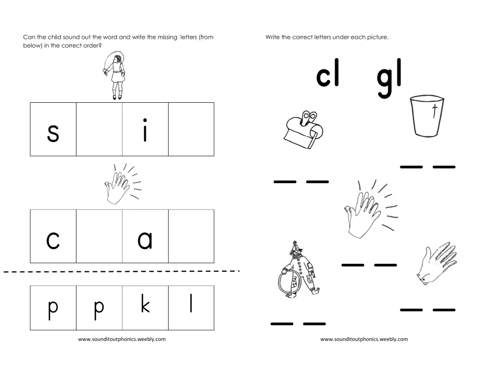 Spelling skip and clap from letters p, p, k, l, then writing cl or gl under clip, glass, clap, clown and glove pictures