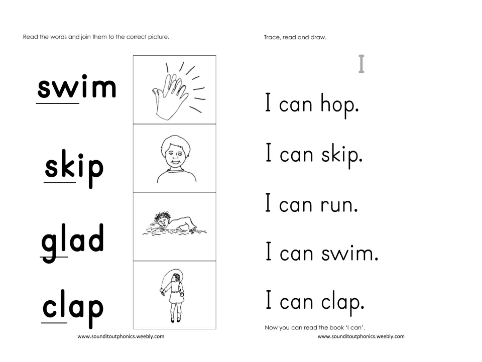 Blend word matching: students join swim, skip, glad and clap to pictures, then trace and read five I can sentences