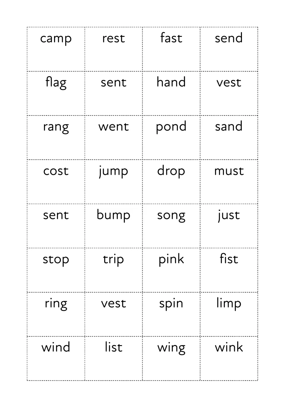 Consonant blend word cards: 32 cut-apart cards to read and match, including flag, stop, trip, spin, camp, jump and hand