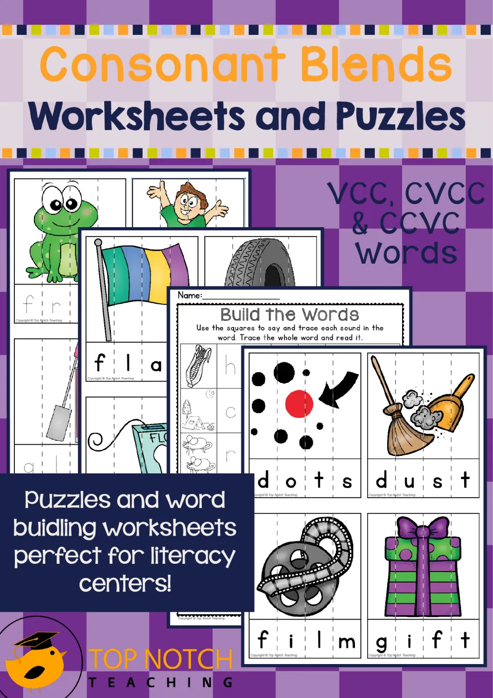Consonant Blends Worksheets and Puzzles cover: VCC, CVCC and CCVC picture word puzzles and Build the Words sheets