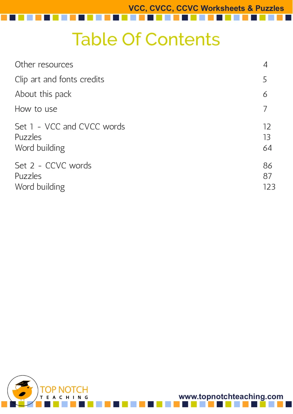 Table of contents listing Set 1 VCC and CVCC words and Set 2 CCVC words, each split into puzzles and word building pages