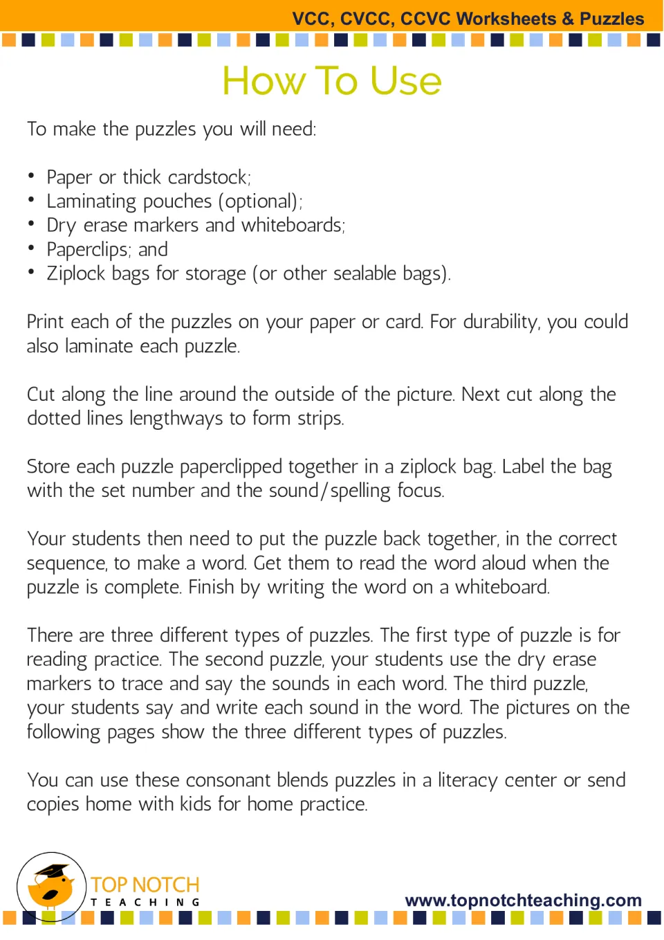 How To Use: materials list and steps to print, cut into strips and store puzzles, then rebuild, read and write each word