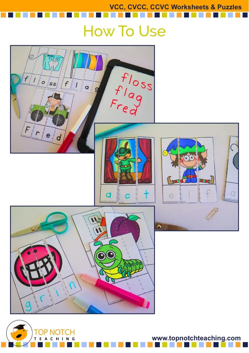 How To Use photos of rebuilt strip puzzles for floss, flag, Fred, act, elf and grin, with words written on a whiteboard
