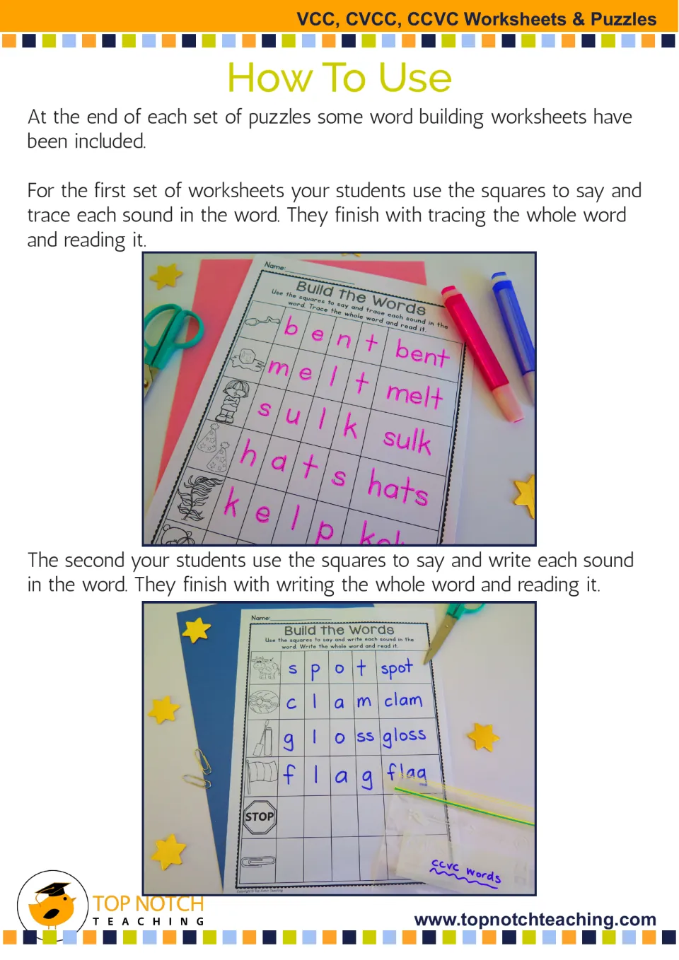 How To Use: photos of Build the Words sheets where students trace or write each sound, shown with bent, melt, spot and clam