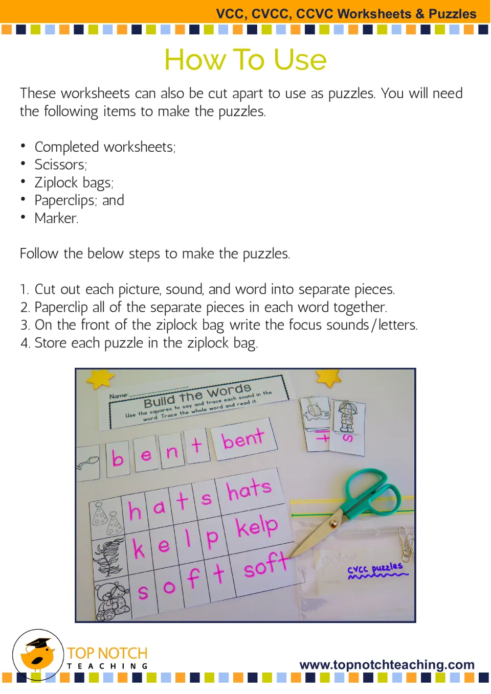 How To Use: steps to cut completed Build the Words sheets into picture, sound and word pieces stored in ziplock bags