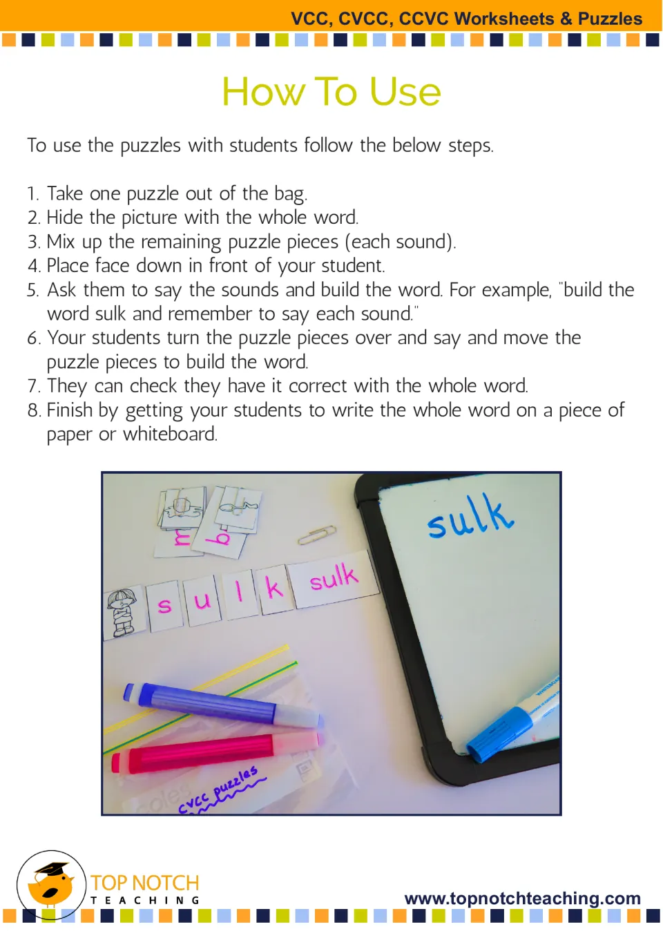 How To Use: eight steps for a game where students flip sound pieces to build sulk, check it, then write it on a whiteboard