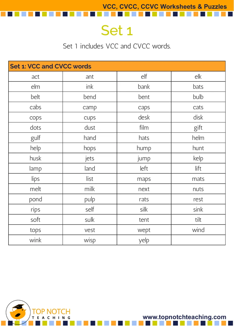 Set 1 overview listing 67 VCC and CVCC words, from act, ant, elf and elk through wink, wisp and yelp, used in the puzzles