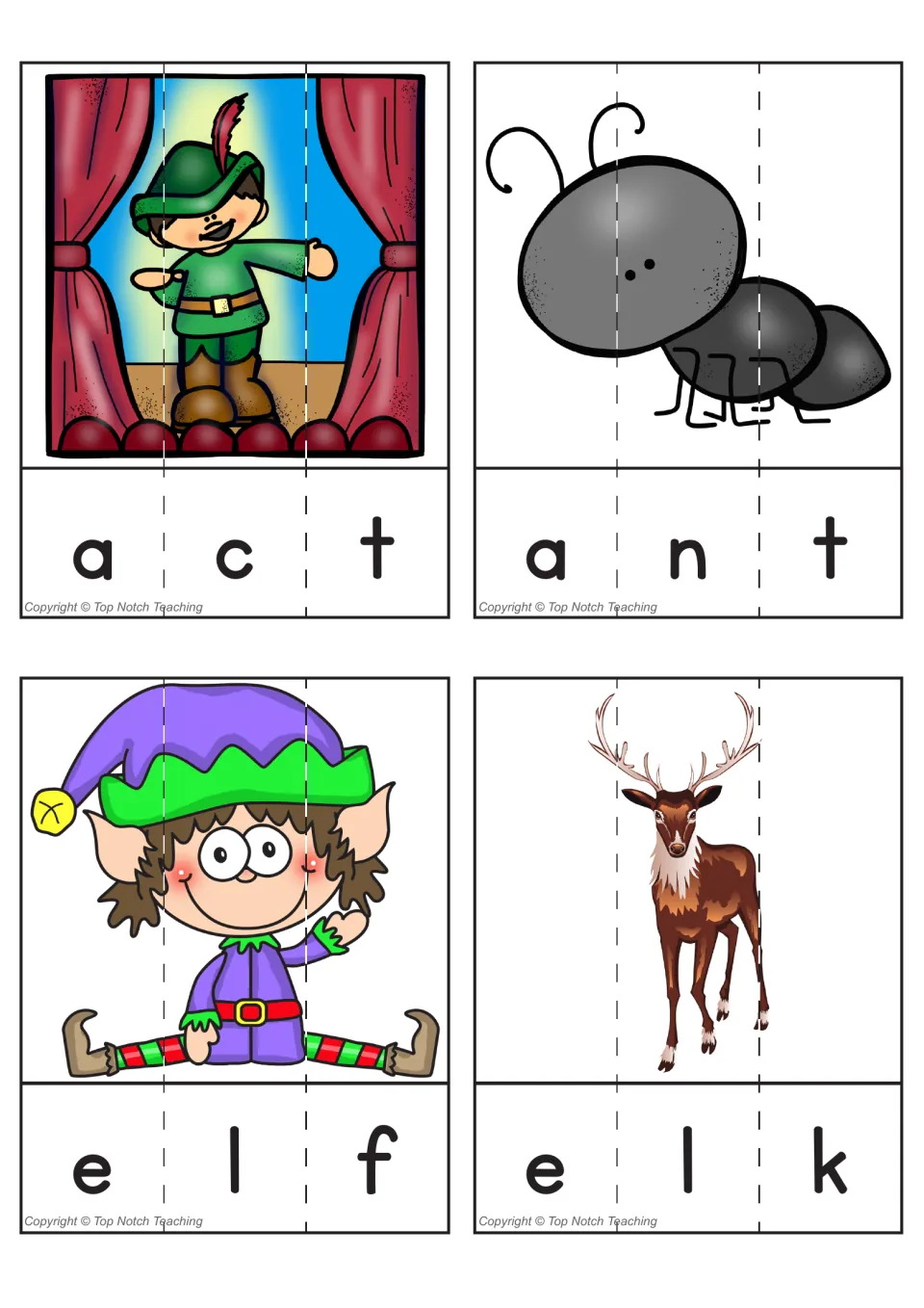 VCC picture puzzles for act, ant, elf and elk: students put the cut strips in order to rebuild each picture and read it