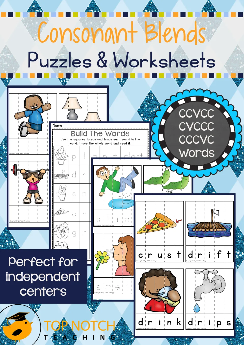 Consonant blends resource cover showing picture puzzles and word-building practice for CCVCC, CVCCC, and CCCVC words