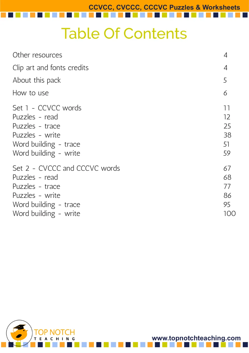 Table of contents for two consonant blends sets, listing read, trace, and write puzzles and word-building sheets