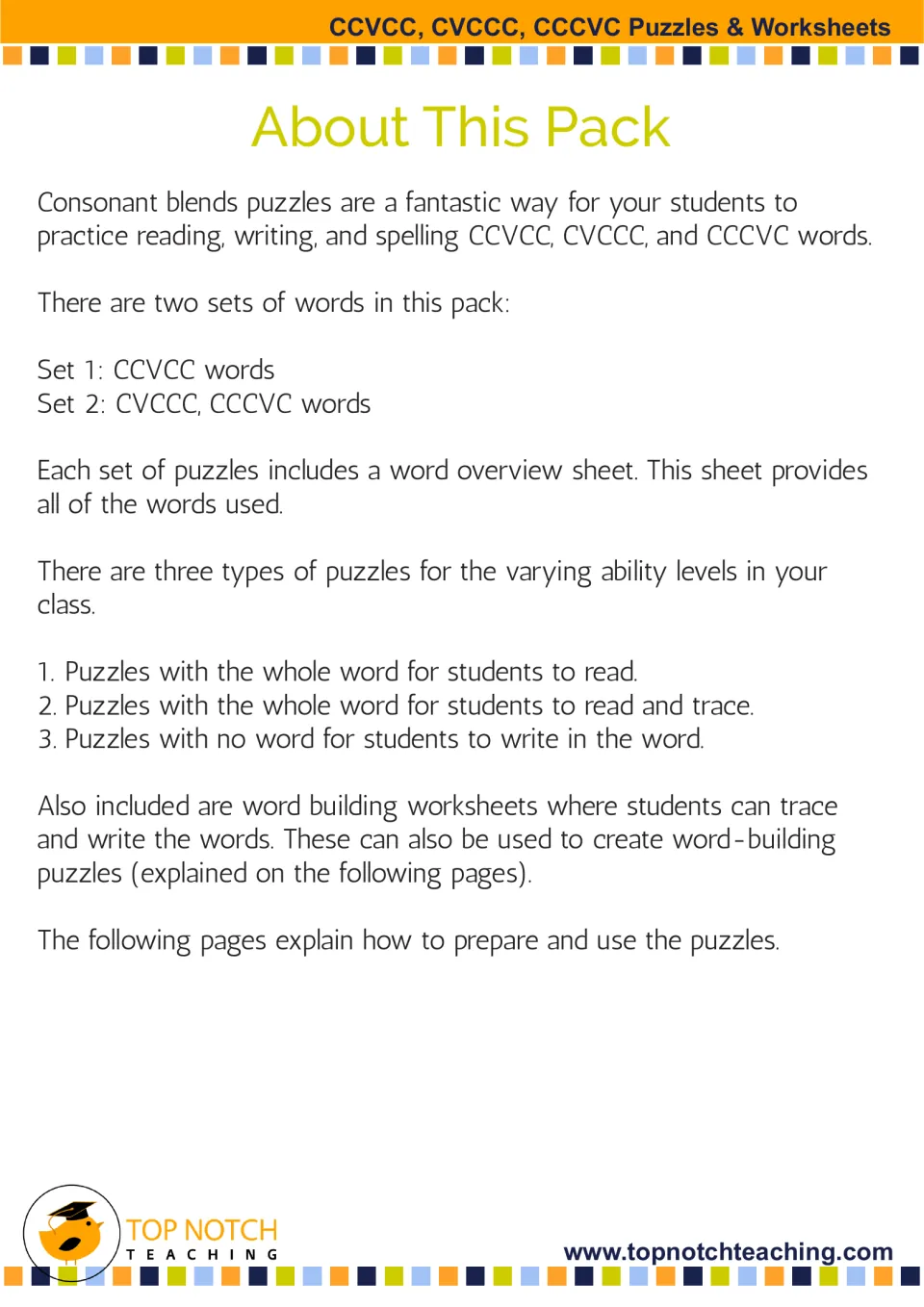 Pack overview explaining two word sets, three puzzle versions, and worksheets for tracing and writing words