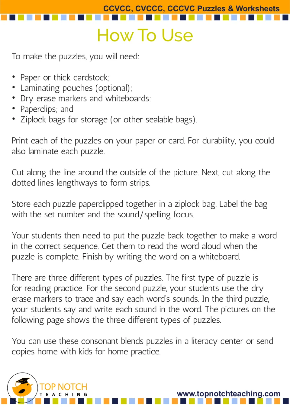 Puzzle preparation instructions explain printing, optional laminating, cutting, storing, and reading words