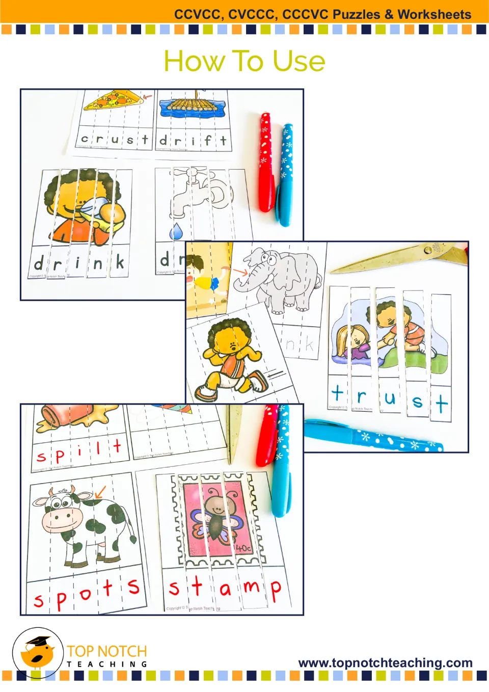 Picture puzzle examples show printed, traceable, and handwritten words, including crust, drift, drink, and trust