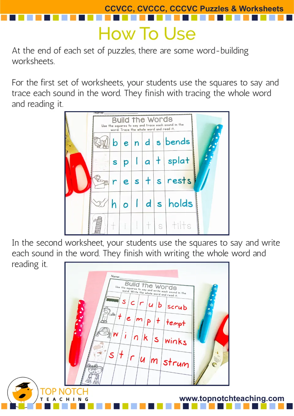 Word-building worksheet directions show tracing bends, splat, rests, holds, and tilts, plus writing practice