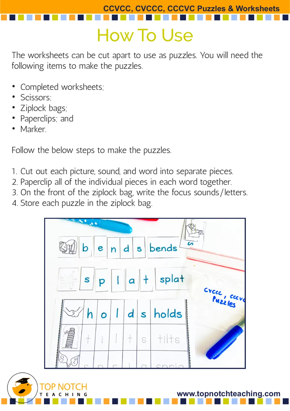 Directions for turning completed word-building worksheets into puzzles by cutting apart pictures, sounds, and words