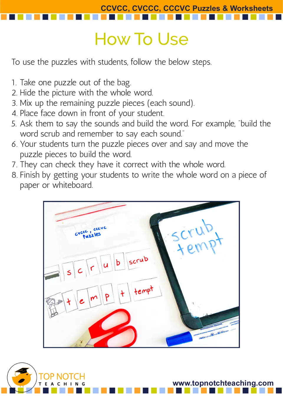 Eight steps for using word-building puzzles: mix pieces, say sounds, build and check the word, then write it
