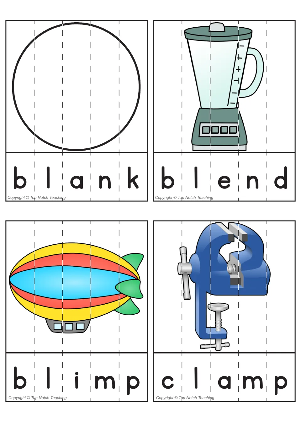 First four CCVCC reading puzzles pair blank, blend, blimp, and clamp with pictures to cut apart and reassemble