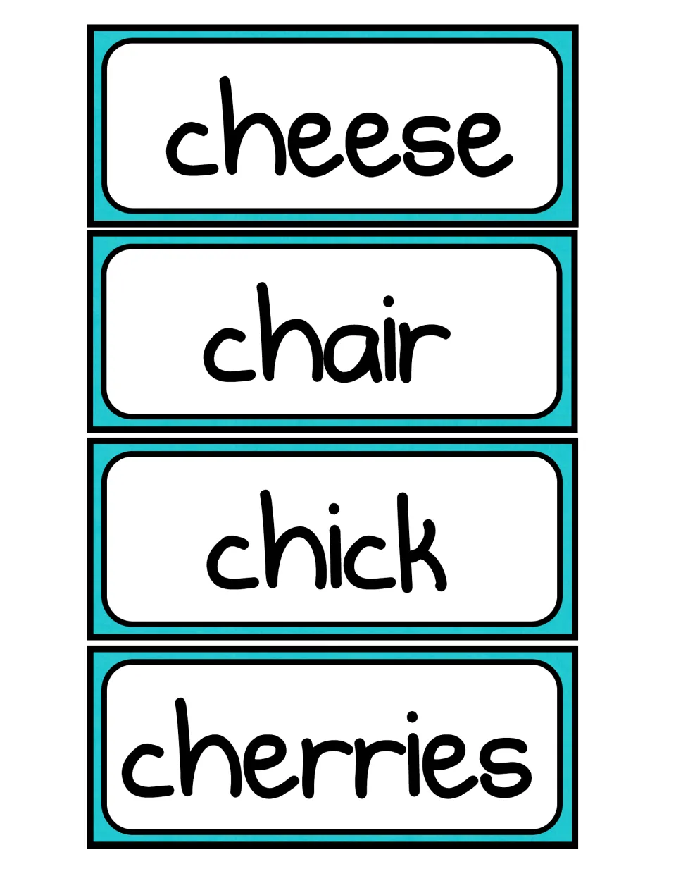 Word cards for the ch digraph: students cut out cheese, chair, chick and cherries and sort them under the ch header