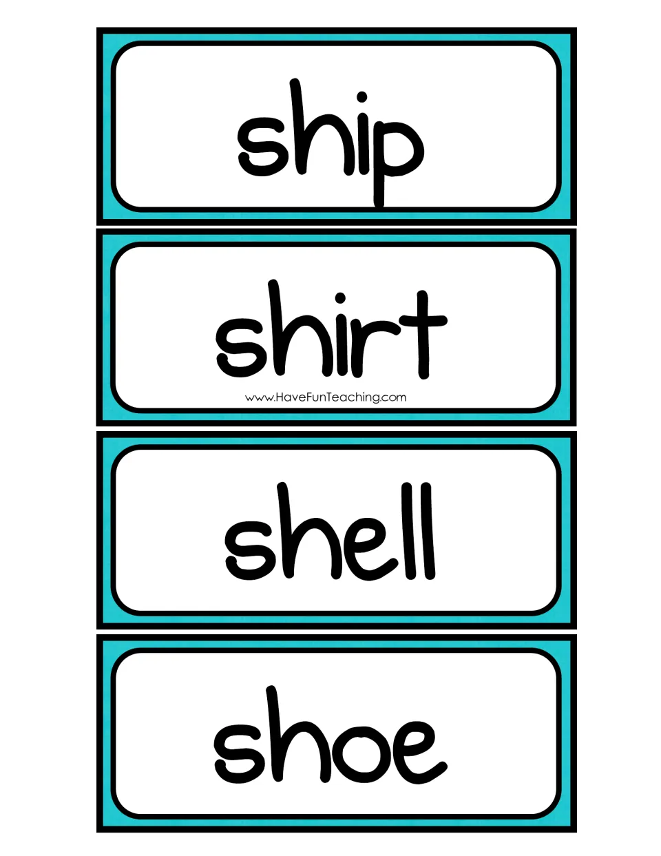 Word cards for the sh digraph: students cut out ship, shirt, shell and shoe and match each one to the sh header card