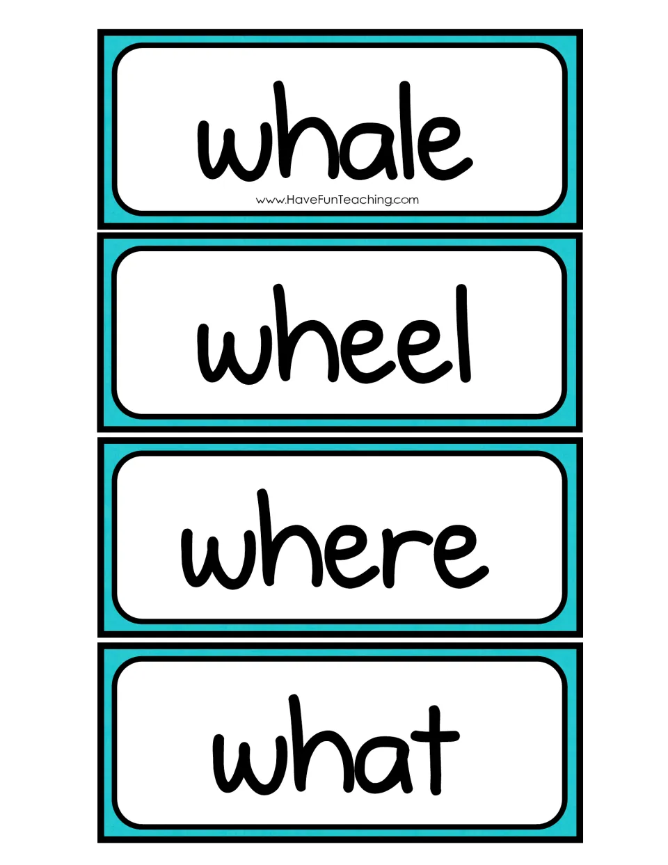 Word cards for the wh digraph: students cut out whale, wheel, where and what and sort them under the wh header card