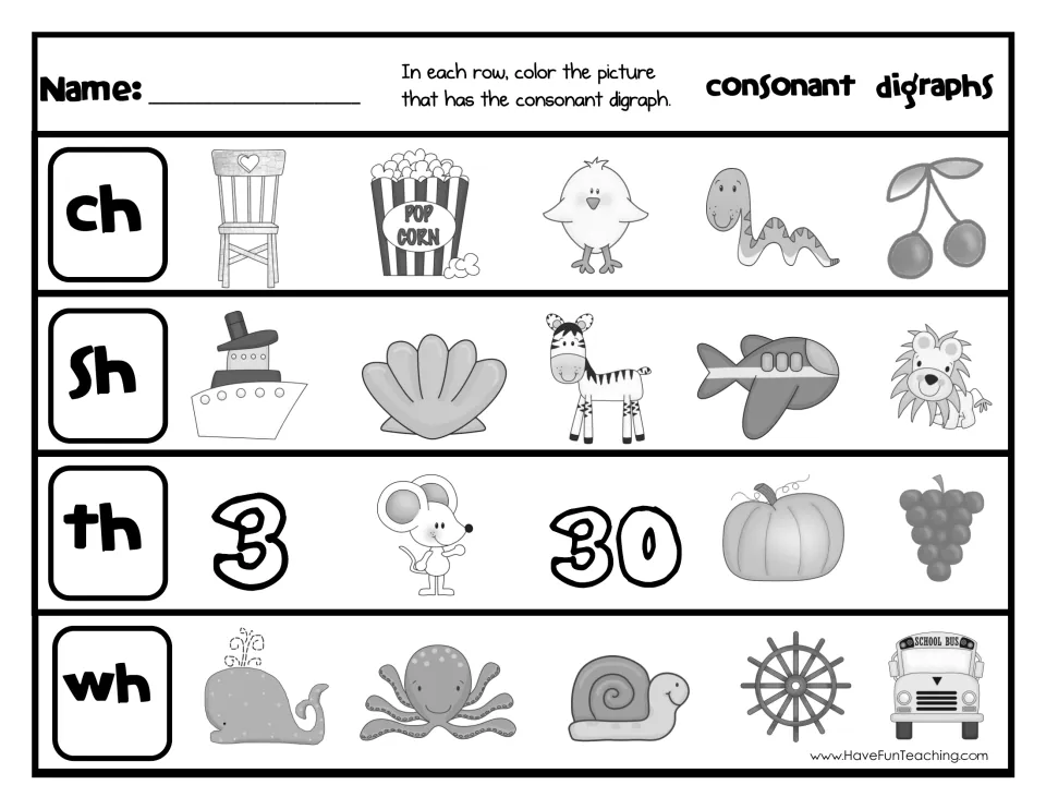 Digraph picture rows for ch, sh, th and wh: students color the pictures whose names use each row's digraph, like chair